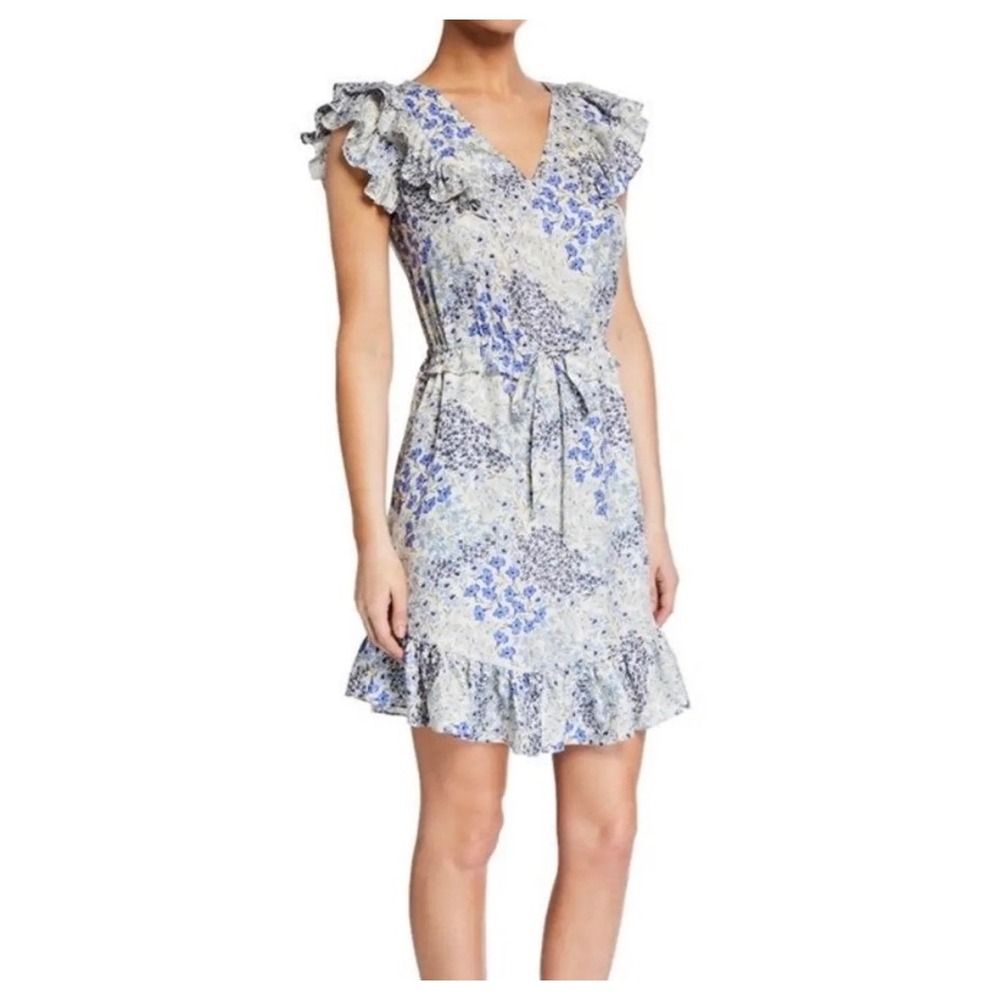 Rebecca Taylor Ava Silk Floral Mini Dress Women 2 Blue Ruffle V-Neck Euro Summer